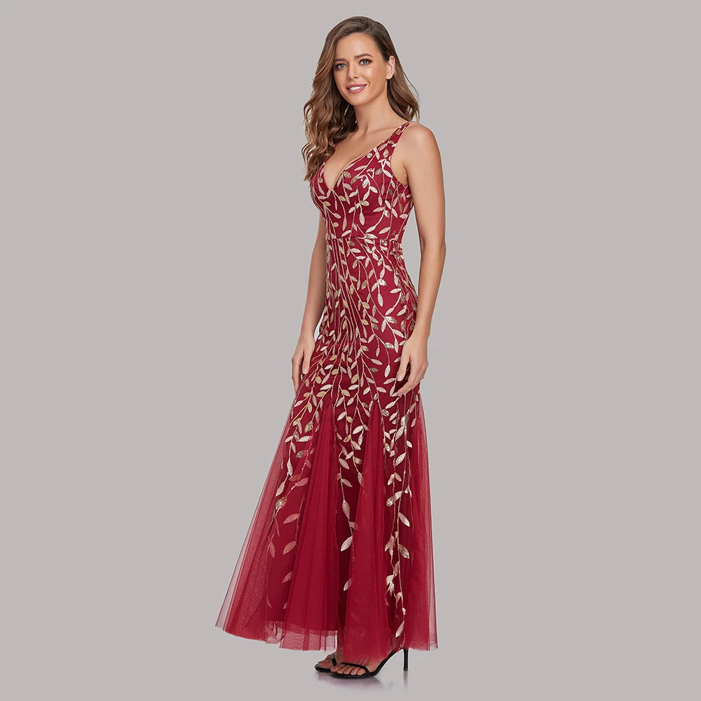 Sleeveless V-neck Tulle Sequins Cocktail Dresses V-back Mermaid Party Prom Gowns Women Formal Occasion Embroidered Robe Vestioes