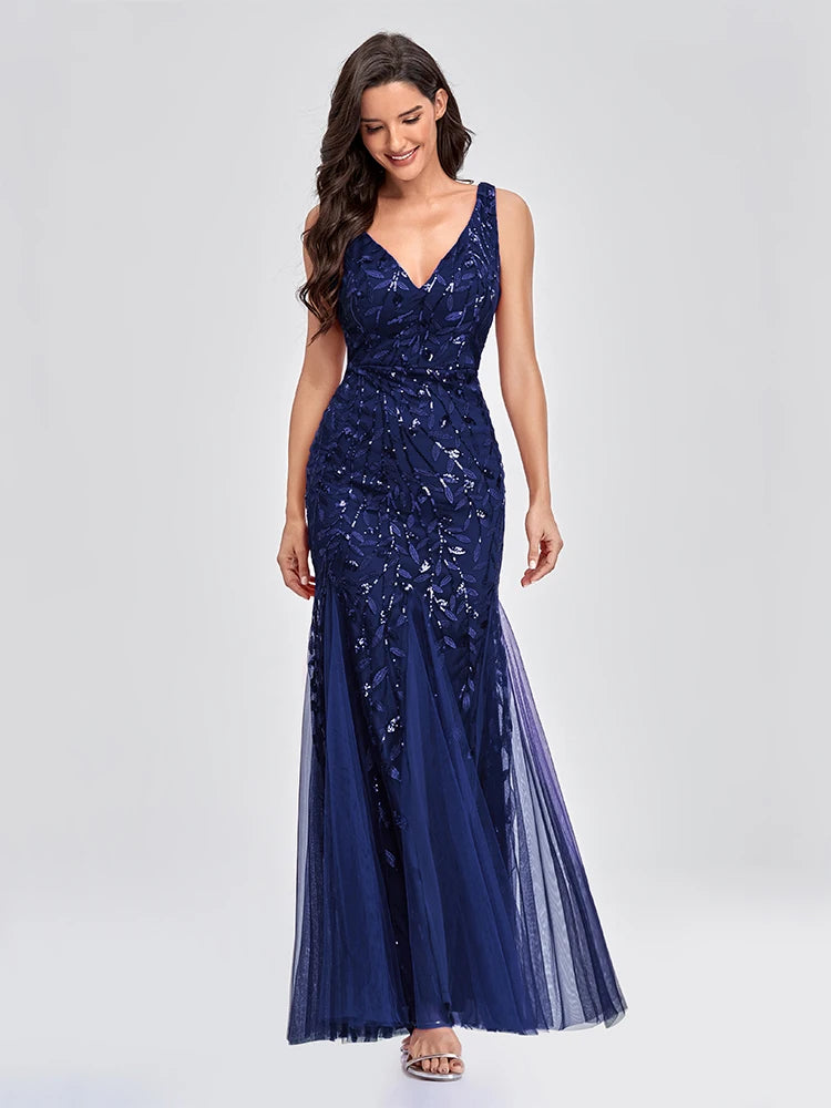 Sleeveless V-neck Tulle Sequins Cocktail Dresses V-back Mermaid Party Prom Gowns Women Formal Occasion Embroidered Robe Vestioes