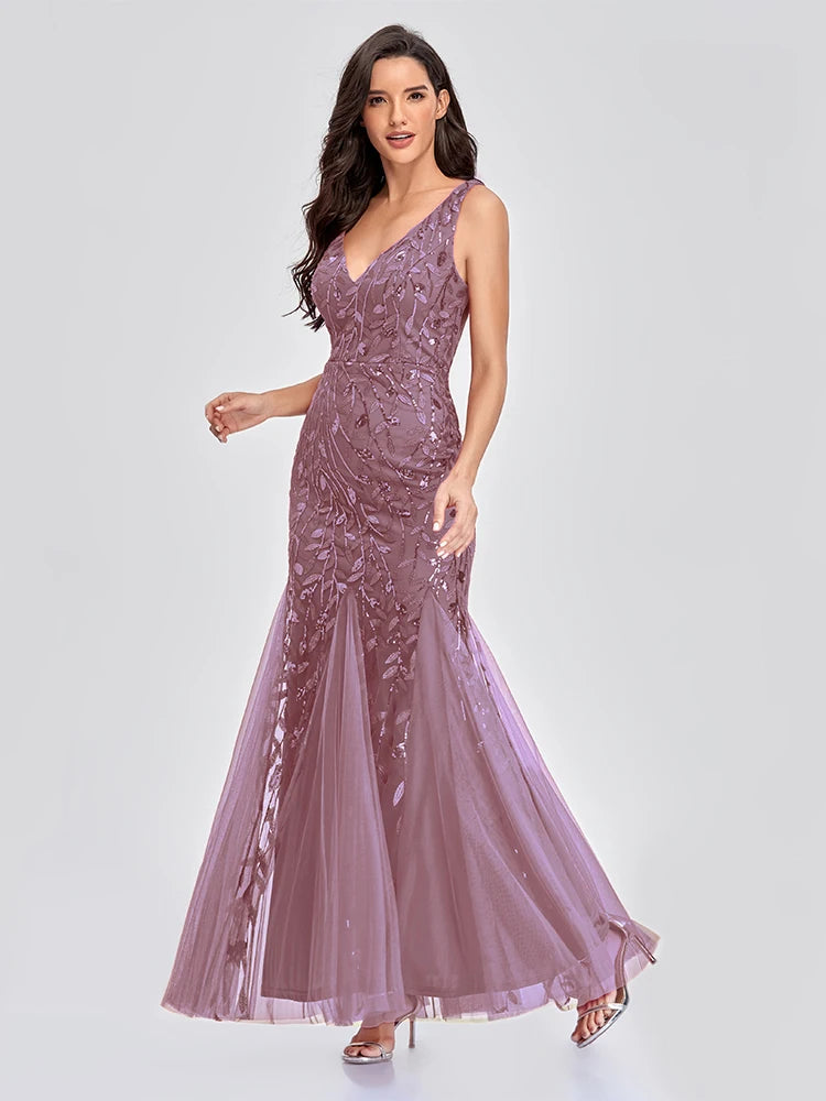 Sleeveless V-neck Tulle Sequins Cocktail Dresses V-back Mermaid Party Prom Gowns Women Formal Occasion Embroidered Robe Vestioes