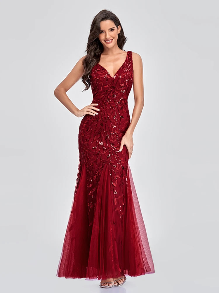 Sleeveless V-neck Tulle Sequins Cocktail Dresses V-back Mermaid Party Prom Gowns Women Formal Occasion Embroidered Robe Vestioes