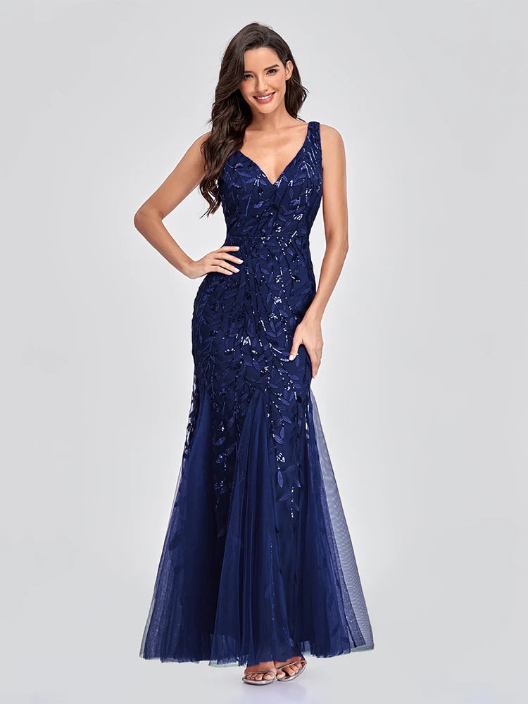 Sleeveless V-neck Tulle Sequins Cocktail Dresses V-back Mermaid Party Prom Gowns Women Formal Occasion Embroidered Robe Vestioes