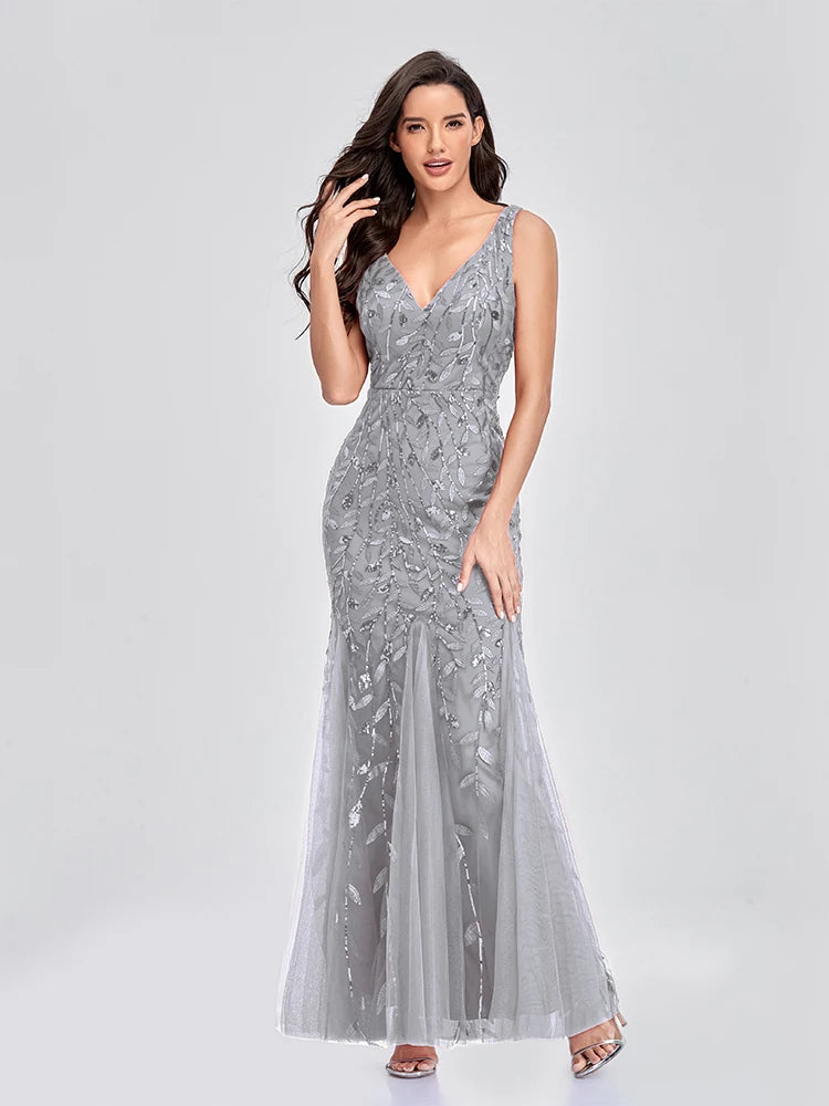 Sleeveless V-neck Tulle Sequins Cocktail Dresses V-back Mermaid Party Prom Gowns Women Formal Occasion Embroidered Robe Vestioes