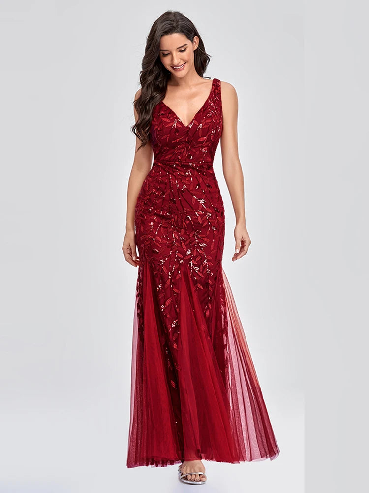 Sleeveless V-neck Tulle Sequins Cocktail Dresses V-back Mermaid Party Prom Gowns Women Formal Occasion Embroidered Robe Vestioes