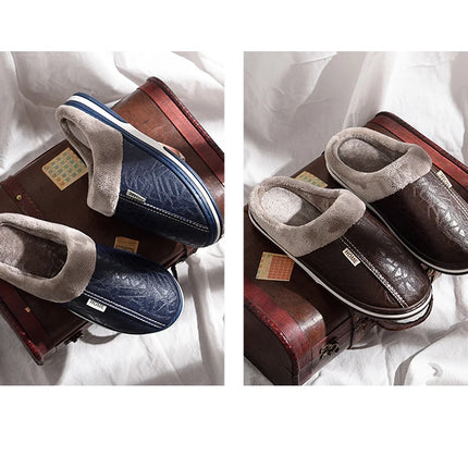 Men's Big Size Winter Slippers Home PU Leather Shoes for Men Indoor Waterproof Fur Cotton Male Bedroom Slipper Flat Houseshoes