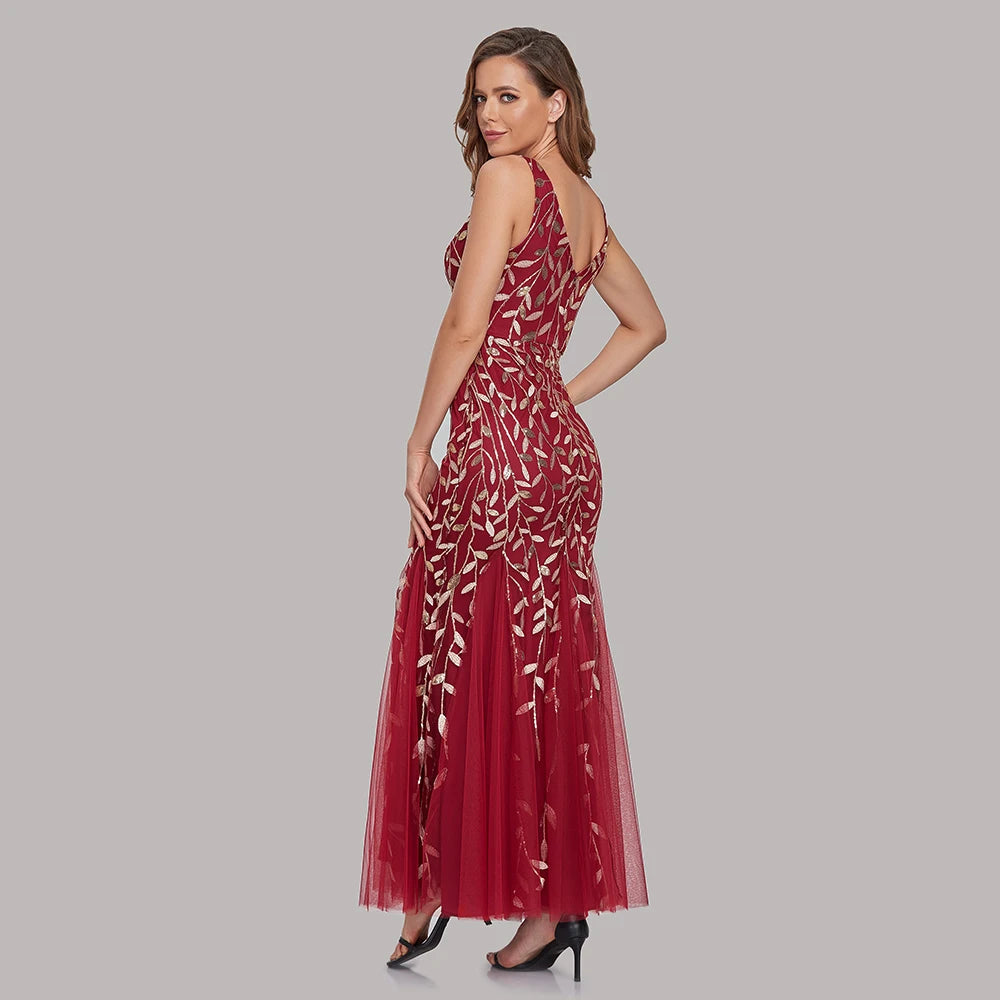 Sleeveless V-neck Tulle Sequins Cocktail Dresses V-back Mermaid Party Prom Gowns Women Formal Occasion Embroidered Robe Vestioes
