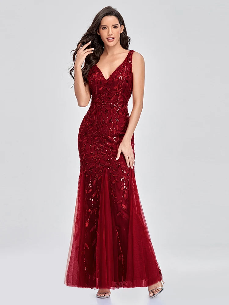 Sleeveless V-neck Tulle Sequins Cocktail Dresses V-back Mermaid Party Prom Gowns Women Formal Occasion Embroidered Robe Vestioes