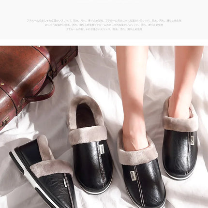 Men's Big Size Winter Slippers Home PU Leather Shoes for Men Indoor Waterproof Fur Cotton Male Bedroom Slipper Flat Houseshoes