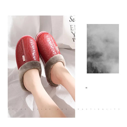 Men's Big Size Winter Slippers Home PU Leather Shoes for Men Indoor Waterproof Fur Cotton Male Bedroom Slipper Flat Houseshoes