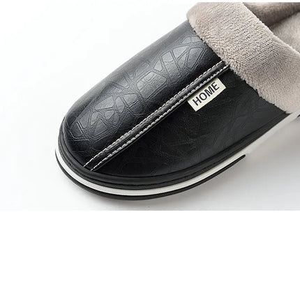 Men's Big Size Winter Slippers Home PU Leather Shoes for Men Indoor Waterproof Fur Cotton Male Bedroom Slipper Flat Houseshoes