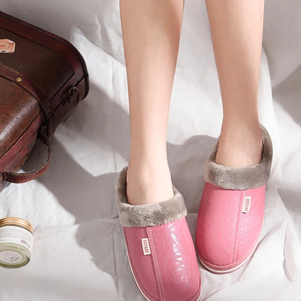 Men's Big Size Winter Slippers Home PU Leather Shoes for Men Indoor Waterproof Fur Cotton Male Bedroom Slipper Flat Houseshoes