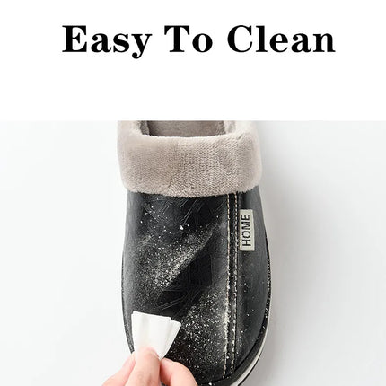 Men's Big Size Winter Slippers Home PU Leather Shoes for Men Indoor Waterproof Fur Cotton Male Bedroom Slipper Flat Houseshoes