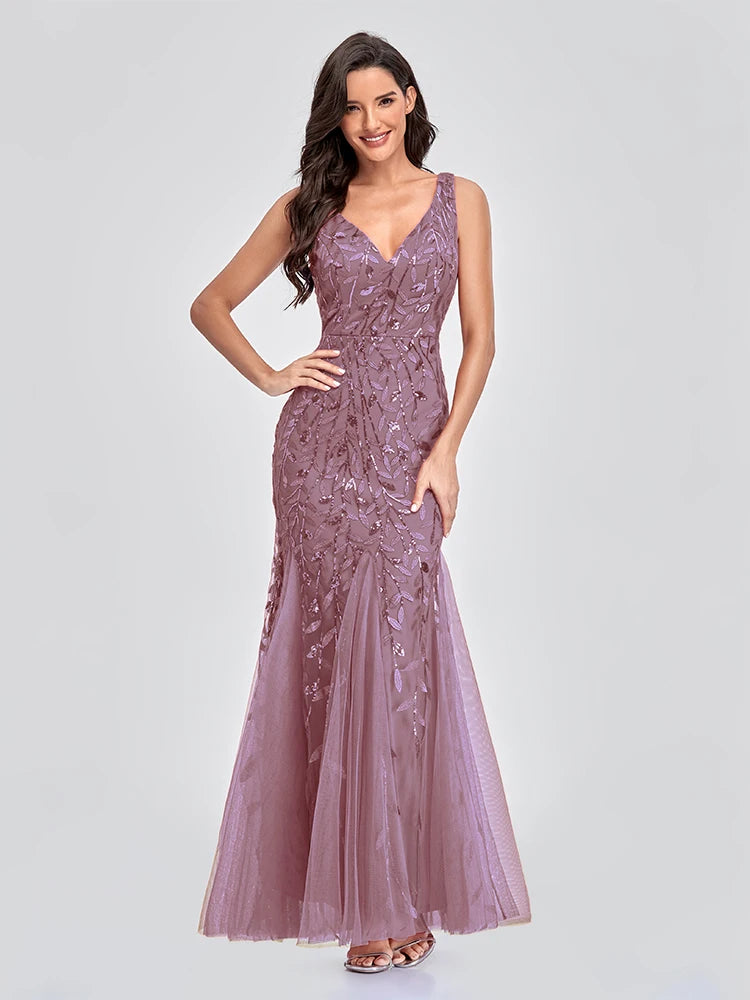 Sleeveless V-neck Tulle Sequins Cocktail Dresses V-back Mermaid Party Prom Gowns Women Formal Occasion Embroidered Robe Vestioes