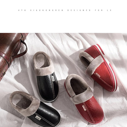 Men's Big Size Winter Slippers Home PU Leather Shoes for Men Indoor Waterproof Fur Cotton Male Bedroom Slipper Flat Houseshoes