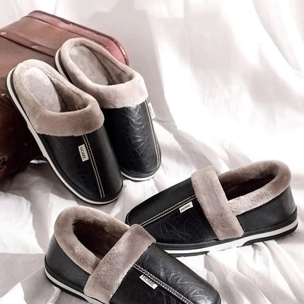 Men's Big Size Winter Slippers Home PU Leather Shoes for Men Indoor Waterproof Fur Cotton Male Bedroom Slipper Flat Houseshoes