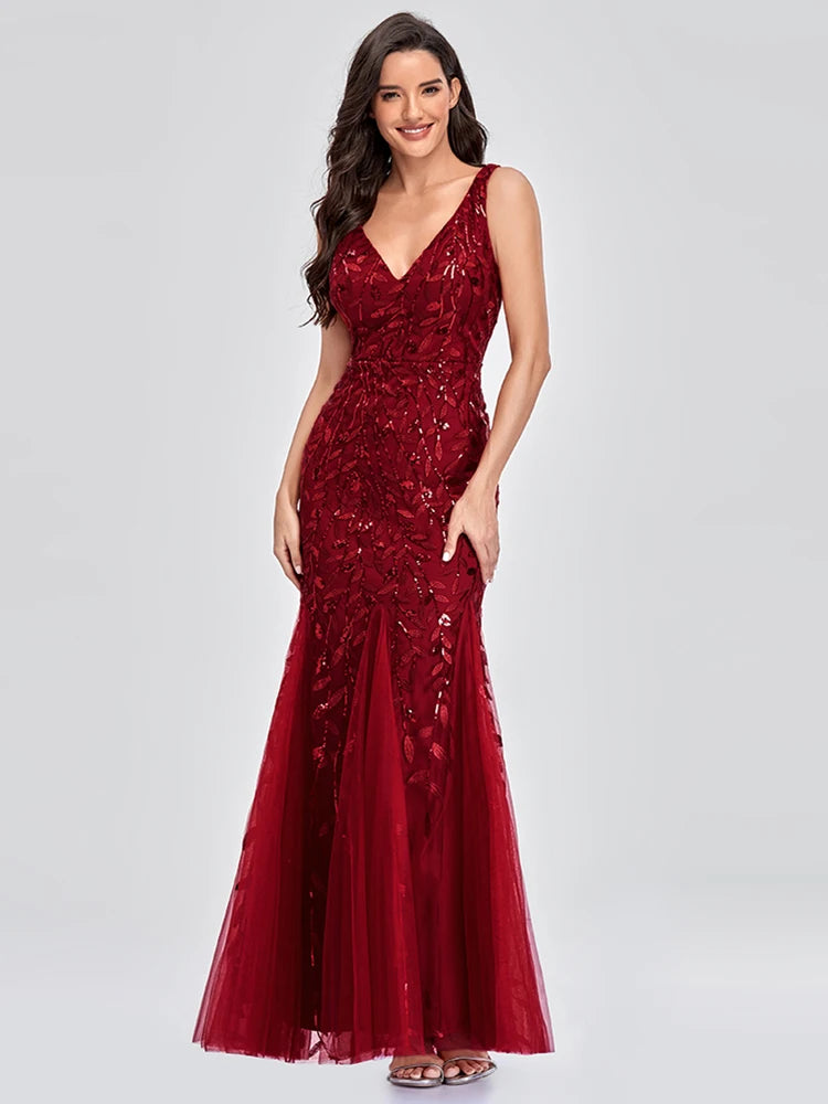 Sleeveless V-neck Tulle Sequins Cocktail Dresses V-back Mermaid Party Prom Gowns Women Formal Occasion Embroidered Robe Vestioes