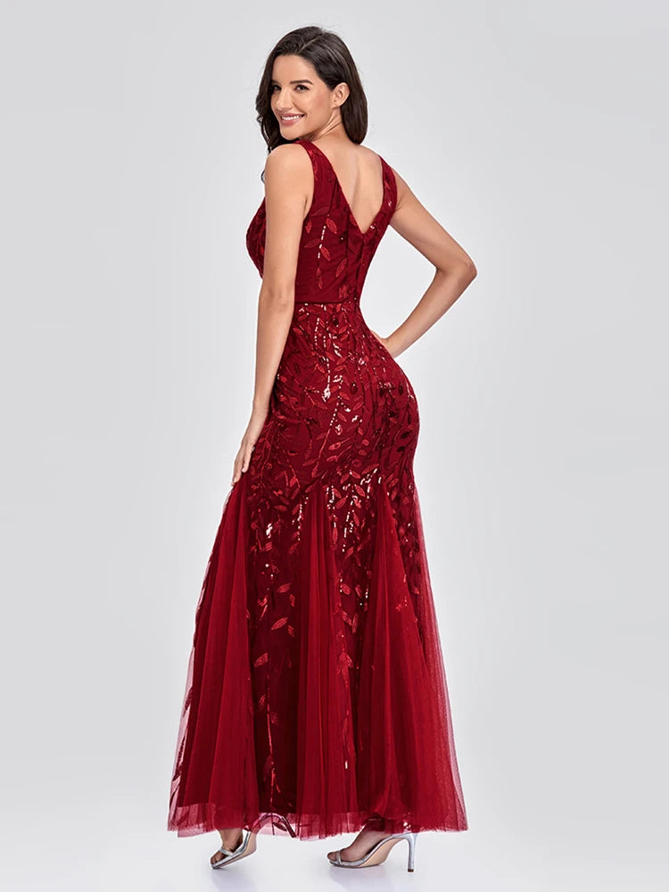 Sleeveless V-neck Tulle Sequins Cocktail Dresses V-back Mermaid Party Prom Gowns Women Formal Occasion Embroidered Robe Vestioes