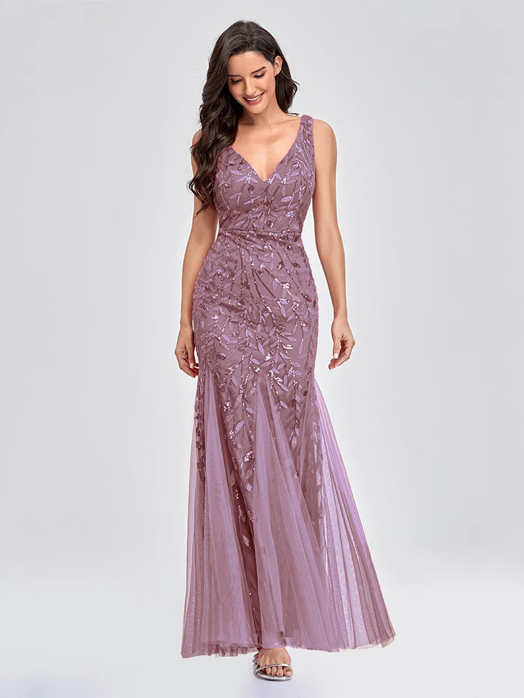 Sleeveless V-neck Tulle Sequins Cocktail Dresses V-back Mermaid Party Prom Gowns Women Formal Occasion Embroidered Robe Vestioes