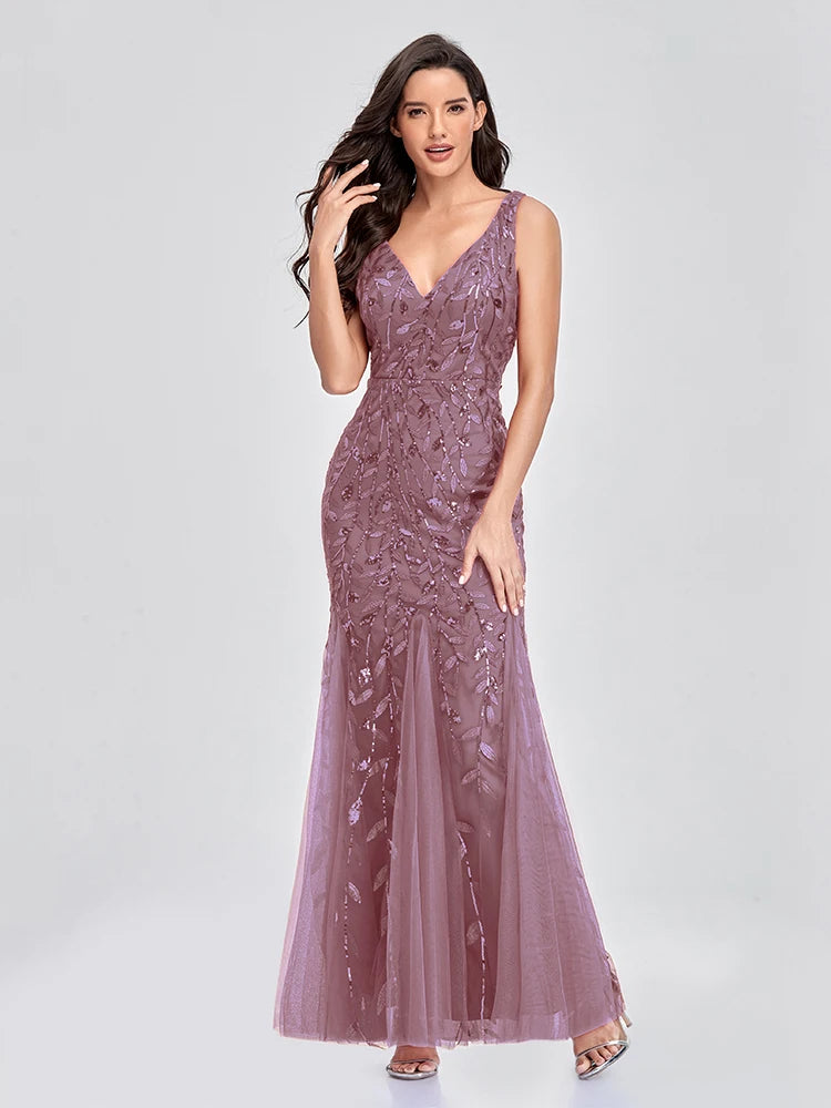 Sleeveless V-neck Tulle Sequins Cocktail Dresses V-back Mermaid Party Prom Gowns Women Formal Occasion Embroidered Robe Vestioes