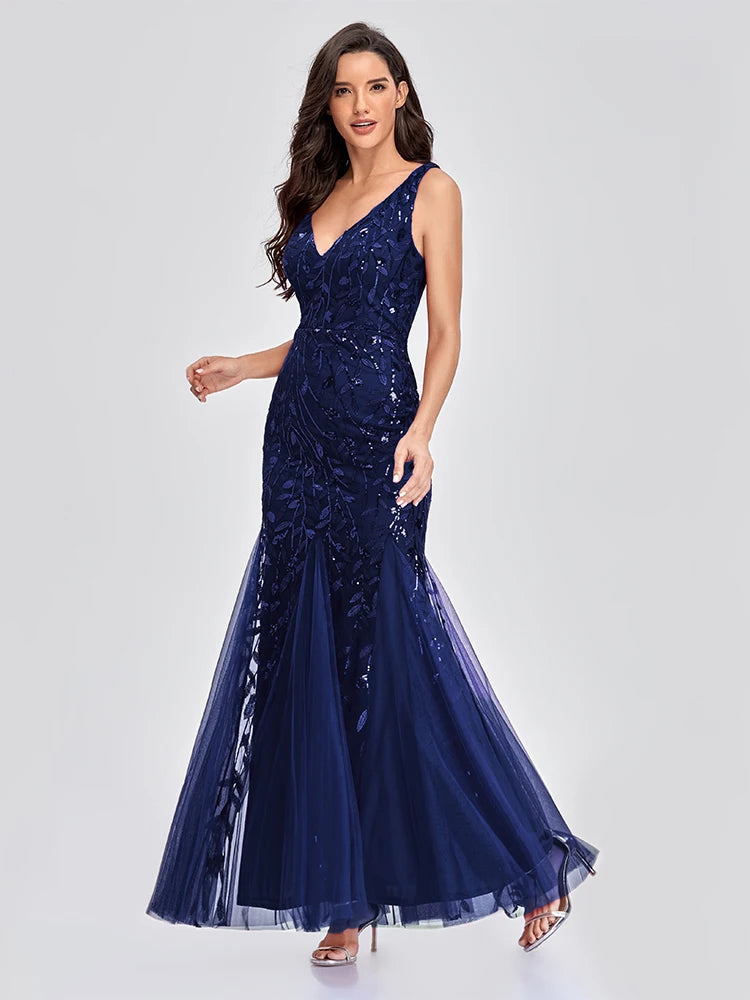 Sleeveless V-neck Tulle Sequins Cocktail Dresses V-back Mermaid Party Prom Gowns Women Formal Occasion Embroidered Robe Vestioes