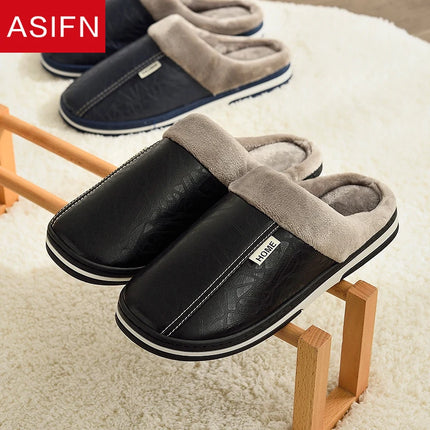Men's Big Size Winter Slippers Home PU Leather Shoes for Men Indoor Waterproof Fur Cotton Male Bedroom Slipper Flat Houseshoes