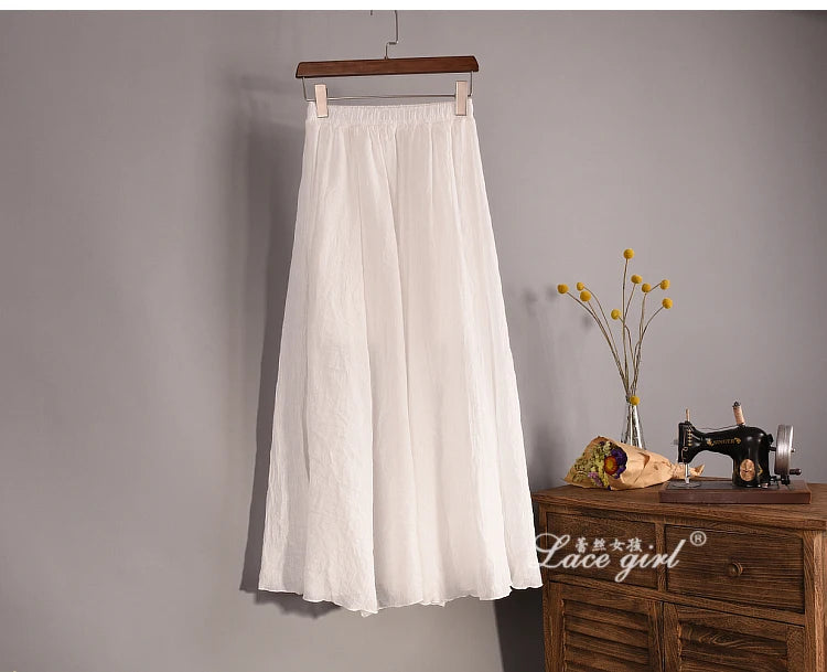Women's Elegant 16 Color High Waist Elastic Waist Linen Pleated Long Skirts Ladies Slim Casual Skirt Saias New 2024 Summer SK05