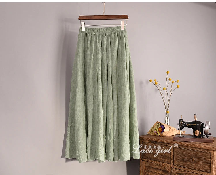 Women's Elegant 16 Color High Waist Elastic Waist Linen Pleated Long Skirts Ladies Slim Casual Skirt Saias New 2024 Summer SK05