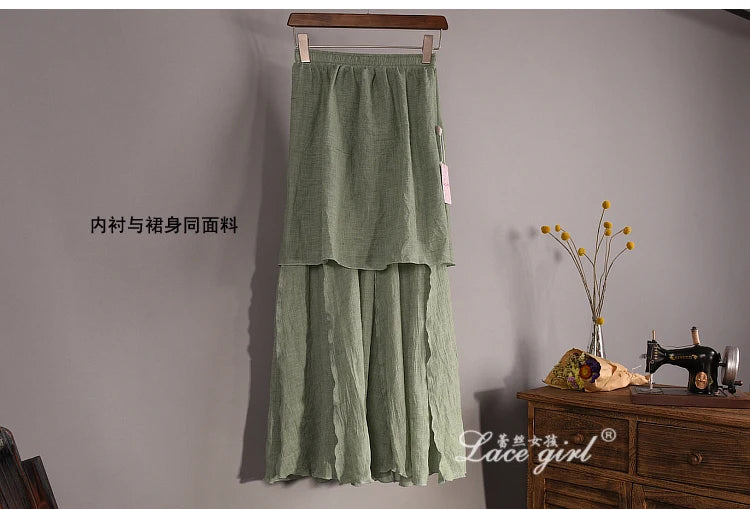 Women's Elegant 16 Color High Waist Elastic Waist Linen Pleated Long Skirts Ladies Slim Casual Skirt Saias New 2024 Summer SK05