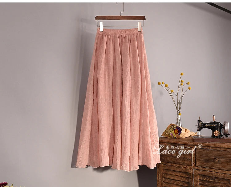 Women's Elegant 16 Color High Waist Elastic Waist Linen Pleated Long Skirts Ladies Slim Casual Skirt Saias New 2024 Summer SK05