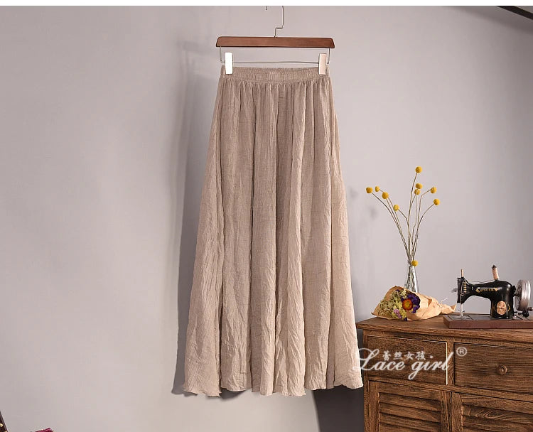Women's Elegant 16 Color High Waist Elastic Waist Linen Pleated Long Skirts Ladies Slim Casual Skirt Saias New 2024 Summer SK05