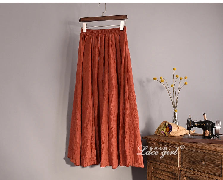 Women's Elegant 16 Color High Waist Elastic Waist Linen Pleated Long Skirts Ladies Slim Casual Skirt Saias New 2024 Summer SK05