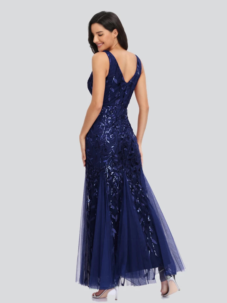 Sleeveless V-neck Tulle Sequins Cocktail Dresses V-back Mermaid Party Prom Gowns Women Formal Occasion Embroidered Robe Vestioes
