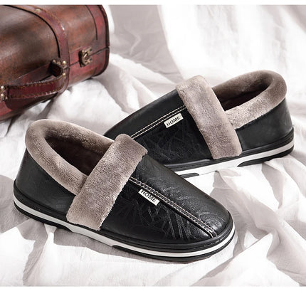 Men's Big Size Winter Slippers Home PU Leather Shoes for Men Indoor Waterproof Fur Cotton Male Bedroom Slipper Flat Houseshoes