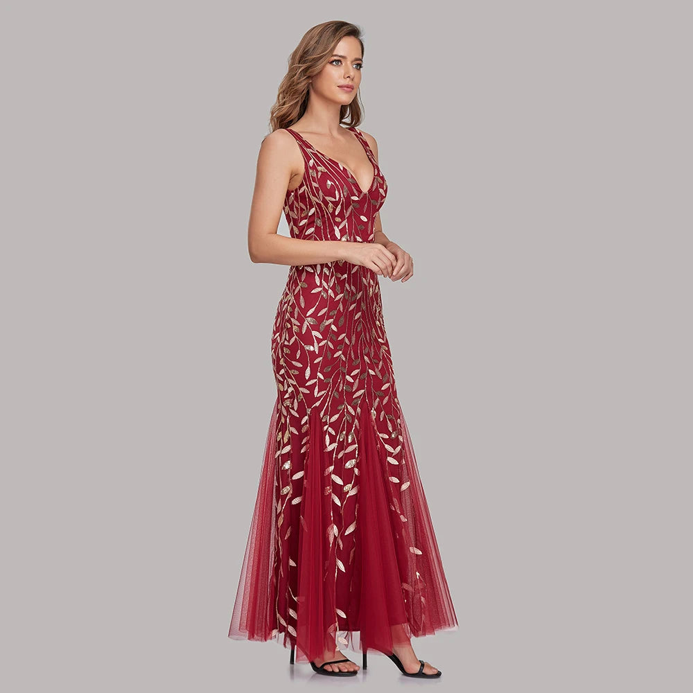 Sleeveless V-neck Tulle Sequins Cocktail Dresses V-back Mermaid Party Prom Gowns Women Formal Occasion Embroidered Robe Vestioes