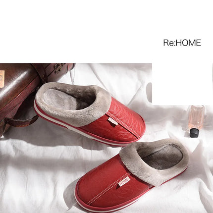 Men's Big Size Winter Slippers Home PU Leather Shoes for Men Indoor Waterproof Fur Cotton Male Bedroom Slipper Flat Houseshoes