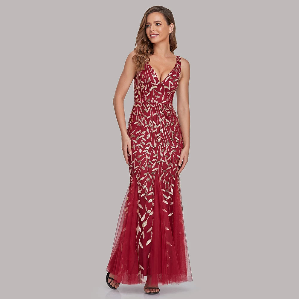 Sleeveless V-neck Tulle Sequins Cocktail Dresses V-back Mermaid Party Prom Gowns Women Formal Occasion Embroidered Robe Vestioes