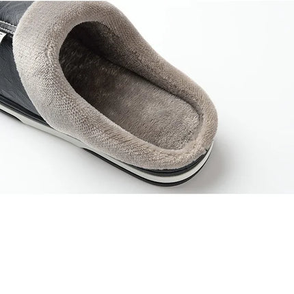 Men's Big Size Winter Slippers Home PU Leather Shoes for Men Indoor Waterproof Fur Cotton Male Bedroom Slipper Flat Houseshoes