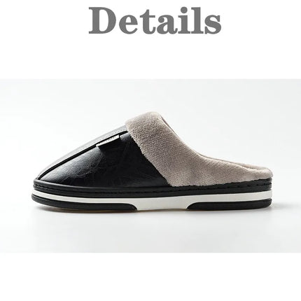 Men's Big Size Winter Slippers Home PU Leather Shoes for Men Indoor Waterproof Fur Cotton Male Bedroom Slipper Flat Houseshoes