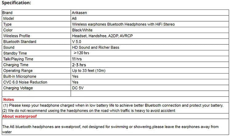 Arikasen A6 Bluetooth Earphones On ear Comfortable Wireless Headphone Microphone Deep Bass 3D Stereo Sound Bluetooth 5.0 Headset