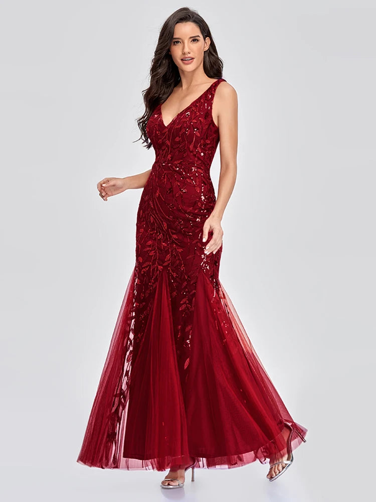 Sleeveless V-neck Tulle Sequins Cocktail Dresses V-back Mermaid Party Prom Gowns Women Formal Occasion Embroidered Robe Vestioes