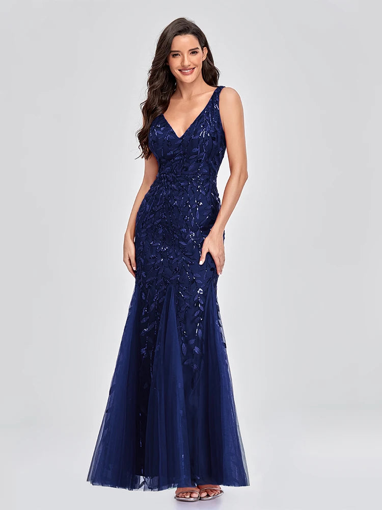 Sleeveless V-neck Tulle Sequins Cocktail Dresses V-back Mermaid Party Prom Gowns Women Formal Occasion Embroidered Robe Vestioes