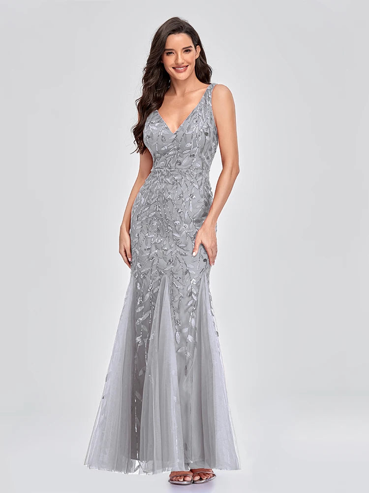 Sleeveless V-neck Tulle Sequins Cocktail Dresses V-back Mermaid Party Prom Gowns Women Formal Occasion Embroidered Robe Vestioes