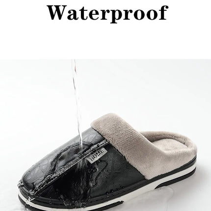 Men's Big Size Winter Slippers Home PU Leather Shoes for Men Indoor Waterproof Fur Cotton Male Bedroom Slipper Flat Houseshoes