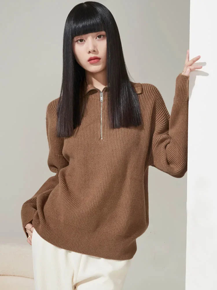 Women's Winter Sweaters Solid Grey Ladies Turtleneck Casual Loose Thick Zippers Pullovers Beautiful Oversized Sweater Women