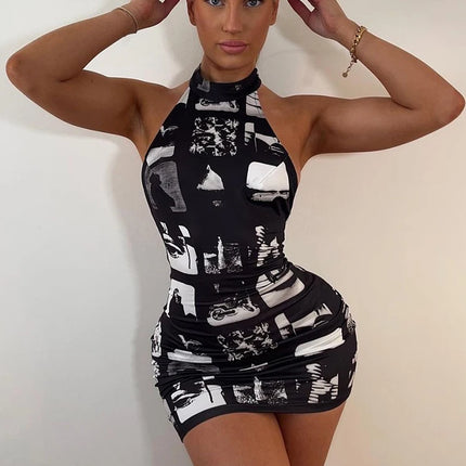 Hugcitar Vintage Print Halter Sleeveless Backless Sexy Slim Bodycon Mini Dress 2023 Summer Y2K Outfit Streetwear Nightclub Biker