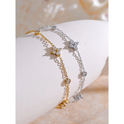 Yhpup Delicate Cubic Zirconia Flower Chain Thin Bracelet Bangle Stainless Steel Rust Proof Office Ladies Chic Jewelry New Gift