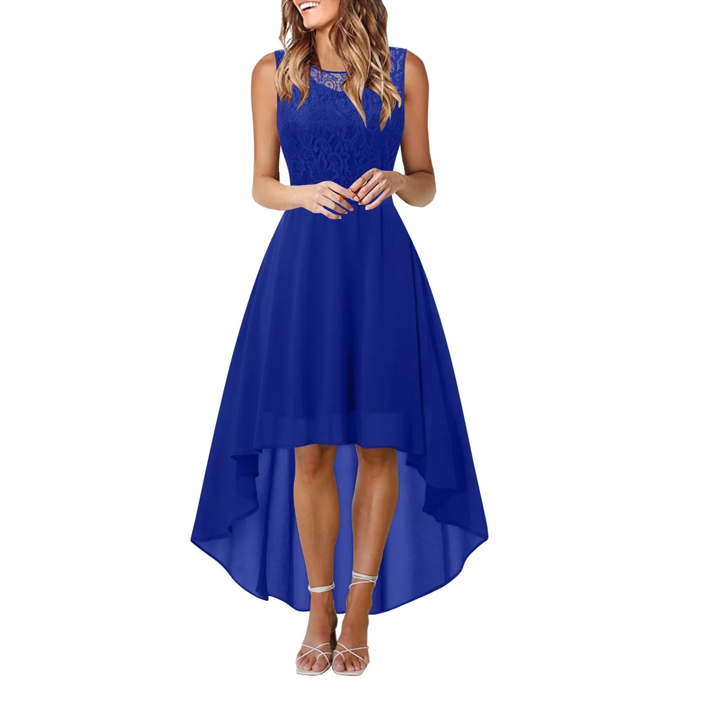 New Elegant Lace Evening Party Dress Women Sleeveless Lace Chiffon Irregular Dress Ladies Vintage Big Swing Maxi Dress Vestidos
