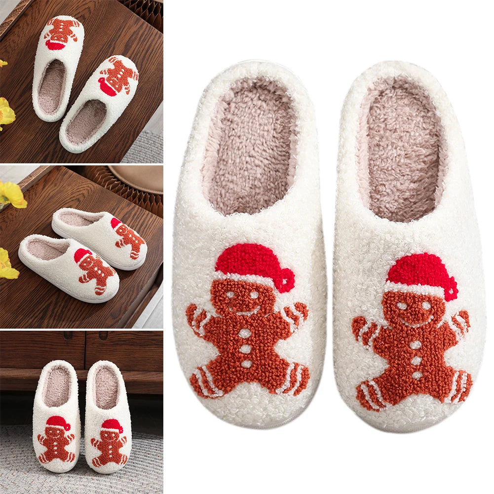 Christmas Slippers Female Home Fluffy Flip flops Winter Women Girls Indoor Cute Deer Gingerbread Man Warm House Plush Shoes