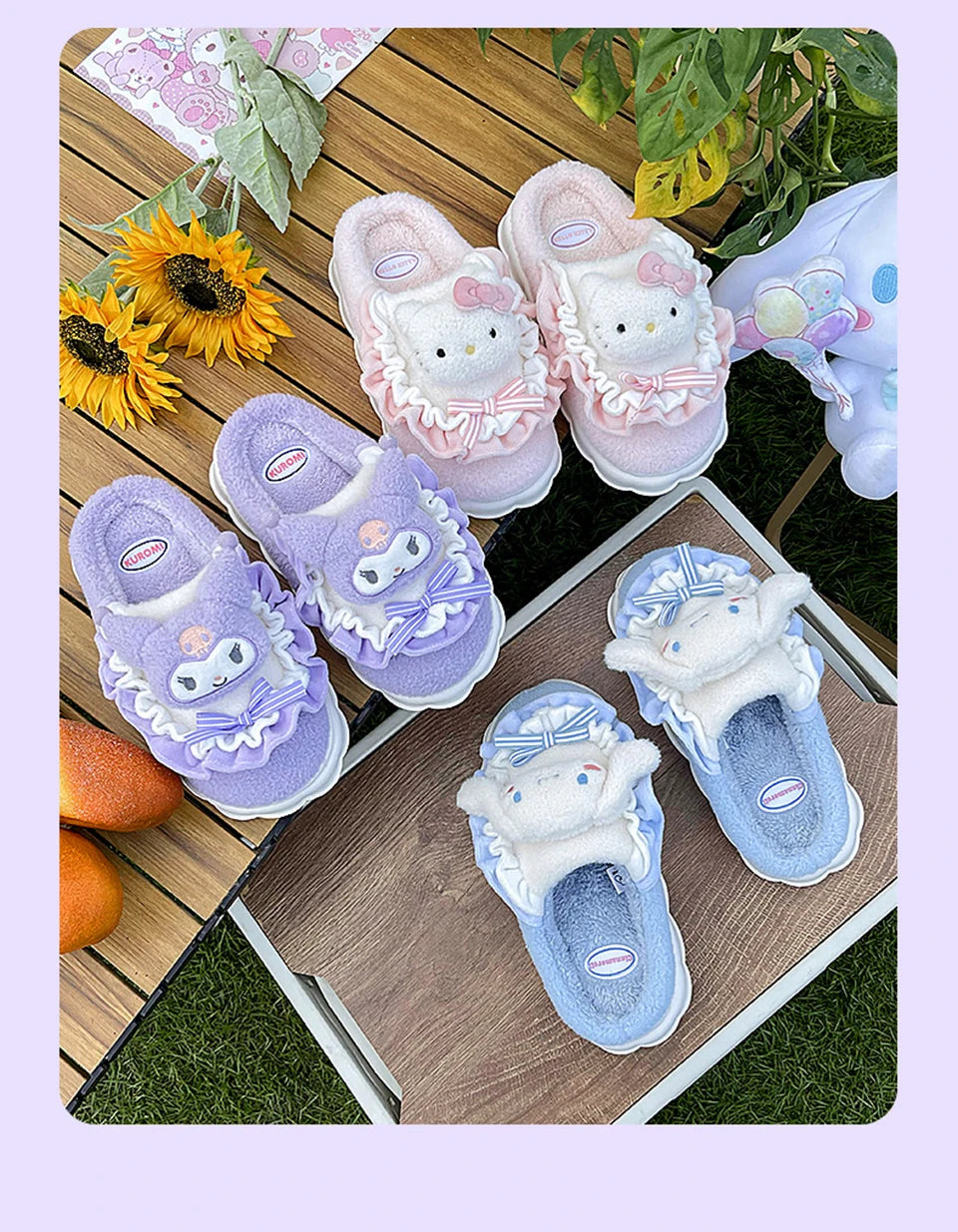 Sanrio Kawaii Cinnamoroll Womens Slippers Kuromi Hello Kitty Plush Cartoon Cute Sweet Suitable Indoor Outdoor Winter Shoes
