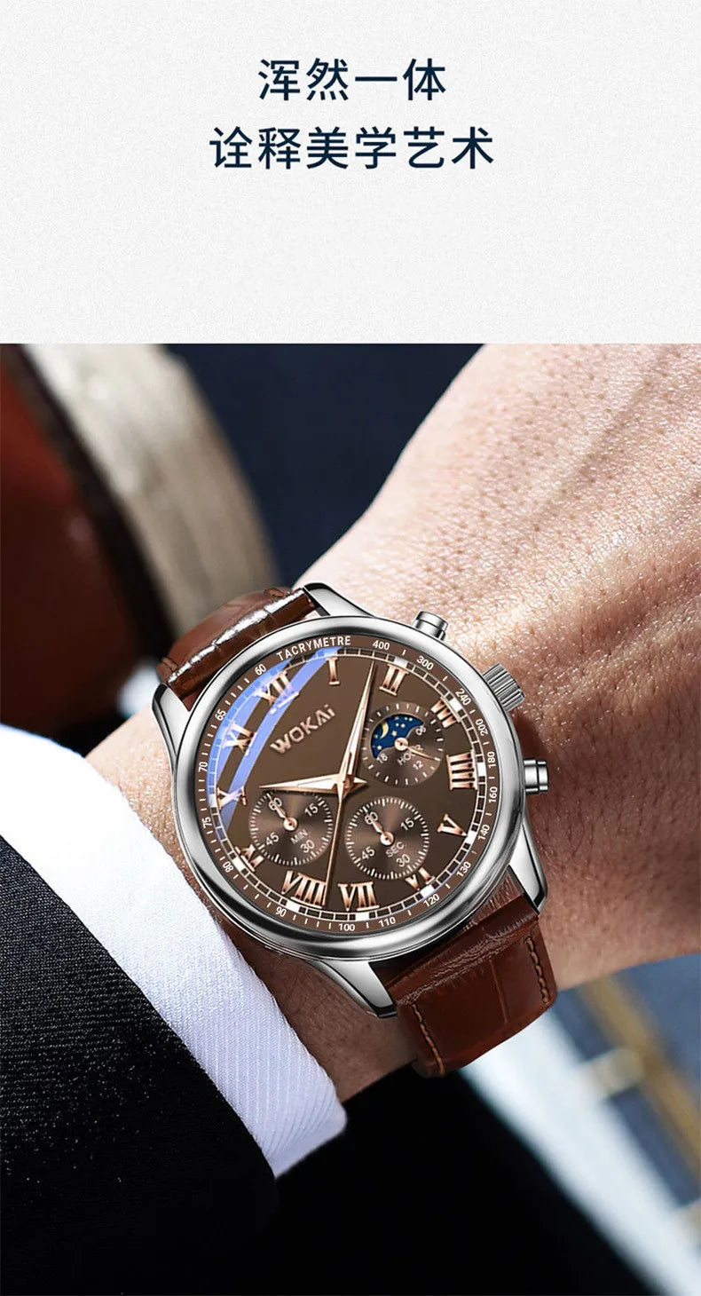 Luxury Brand Watch Mens Quartz Watches Leather Strap Fake Three Eye Fashion Business Wristwatch Dropshipping relogios masculinos