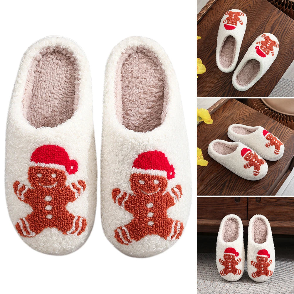 Christmas Slippers Female Home Fluffy Flip flops Winter Women Girls Indoor Cute Deer Gingerbread Man Warm House Plush Shoes